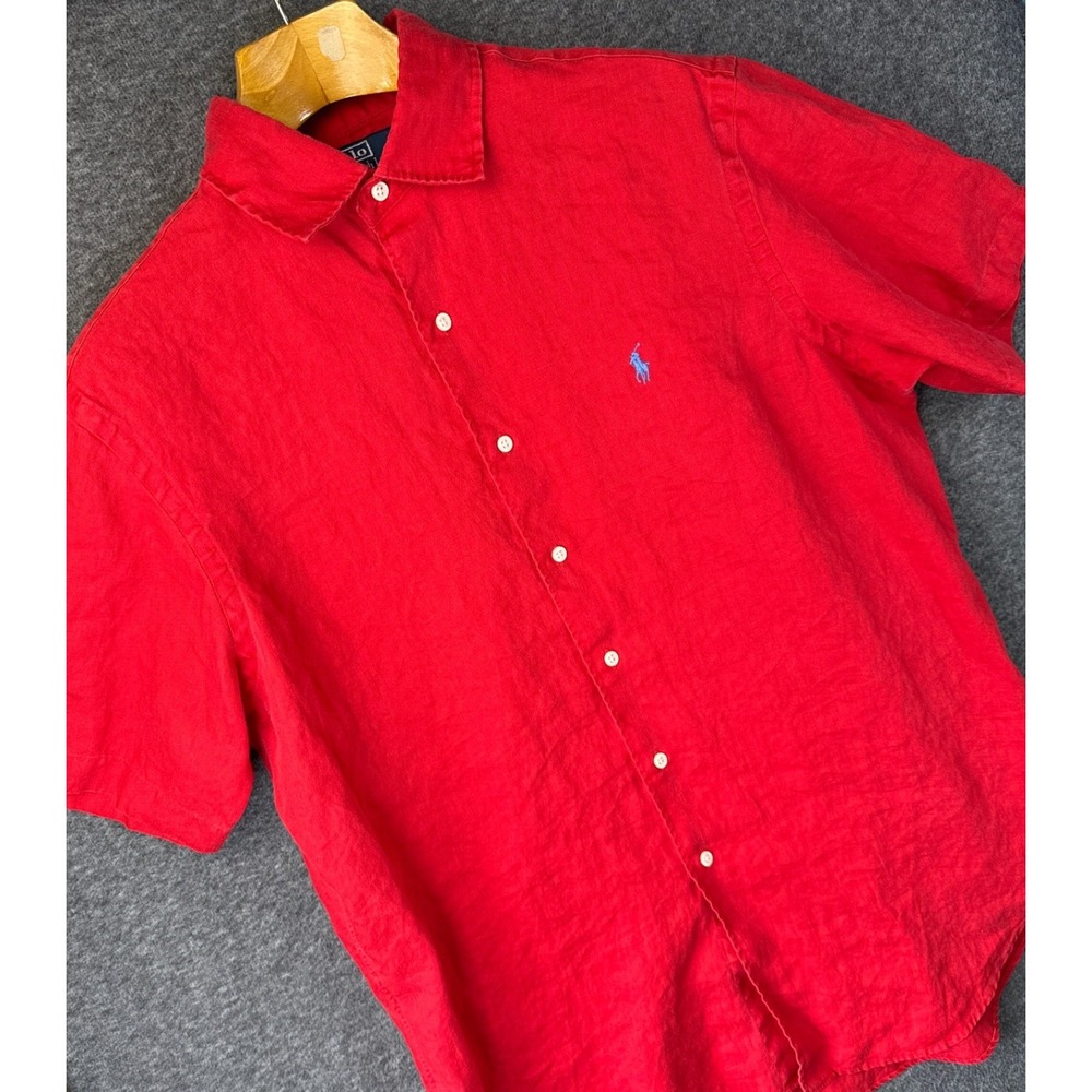 VTG Polo Ralph Lauren Bradford Classic F Red 100% Linen Short Sleeve Shirt Men L